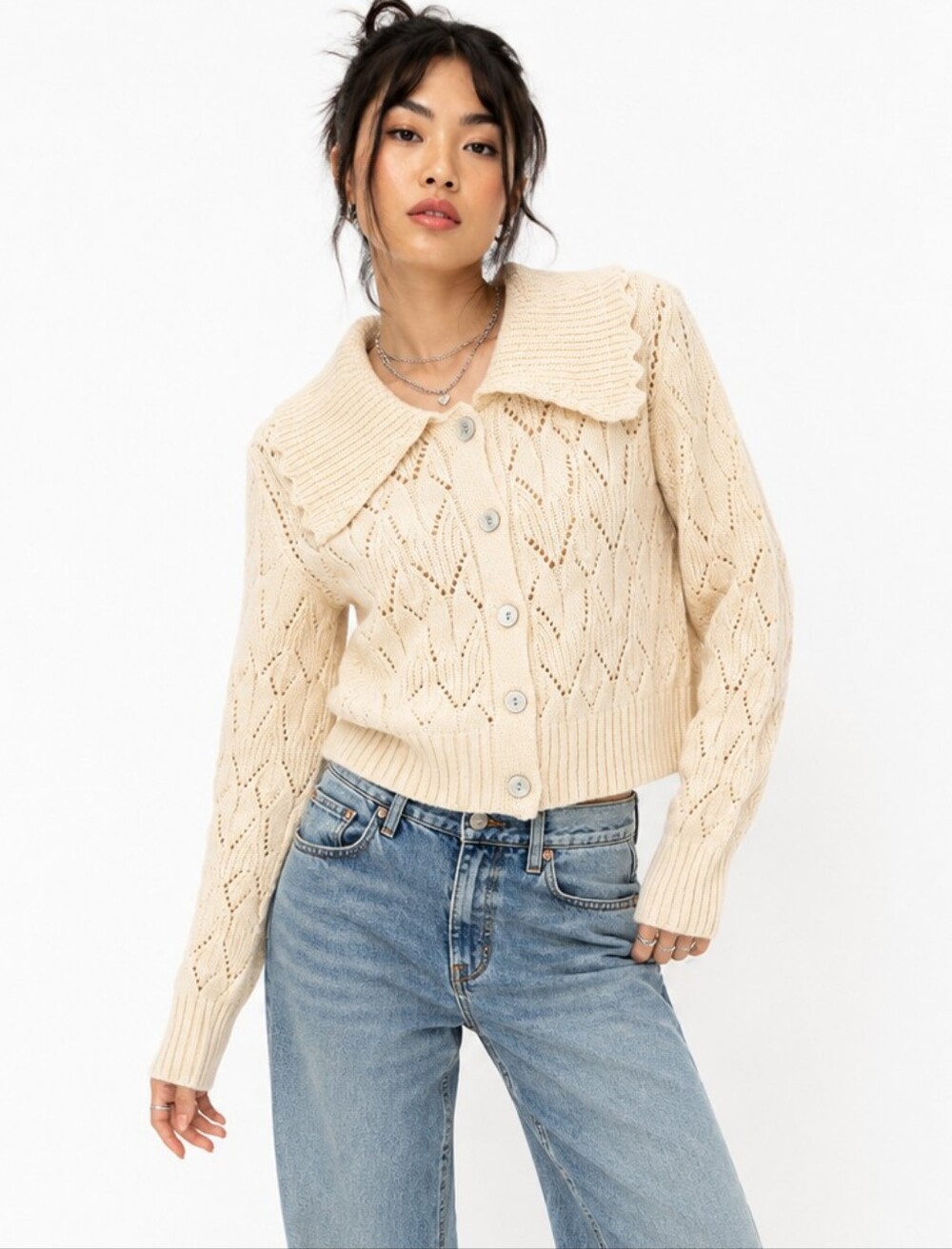 Sincerely Jules Cream Pointelle Collared Cardigan Sweater XL